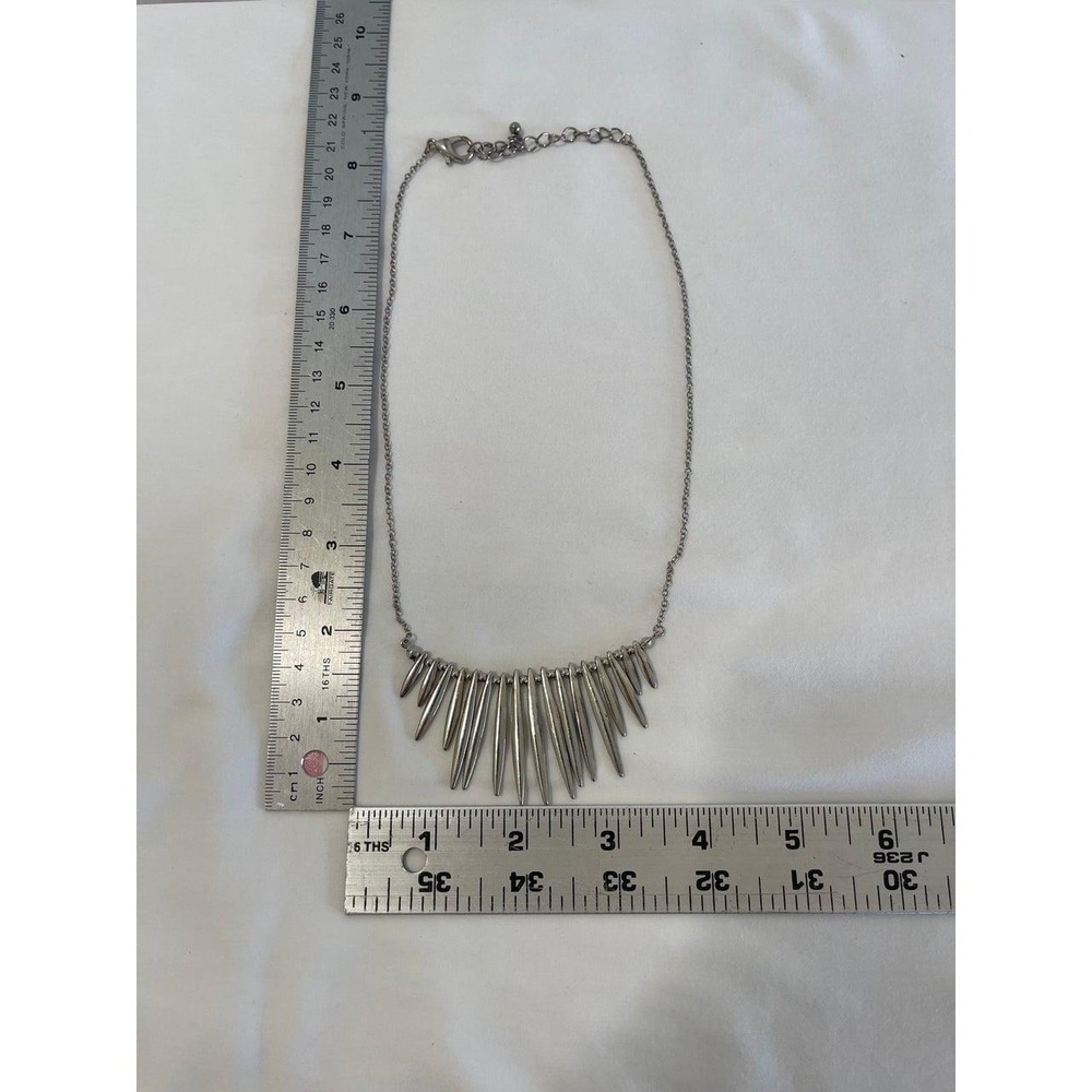 Silver Tone Spike Bib Statement Necklace Edgy Punk Fringe Textured Metallic